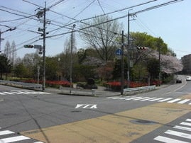 赤坂交差点から公園出入り口を見る